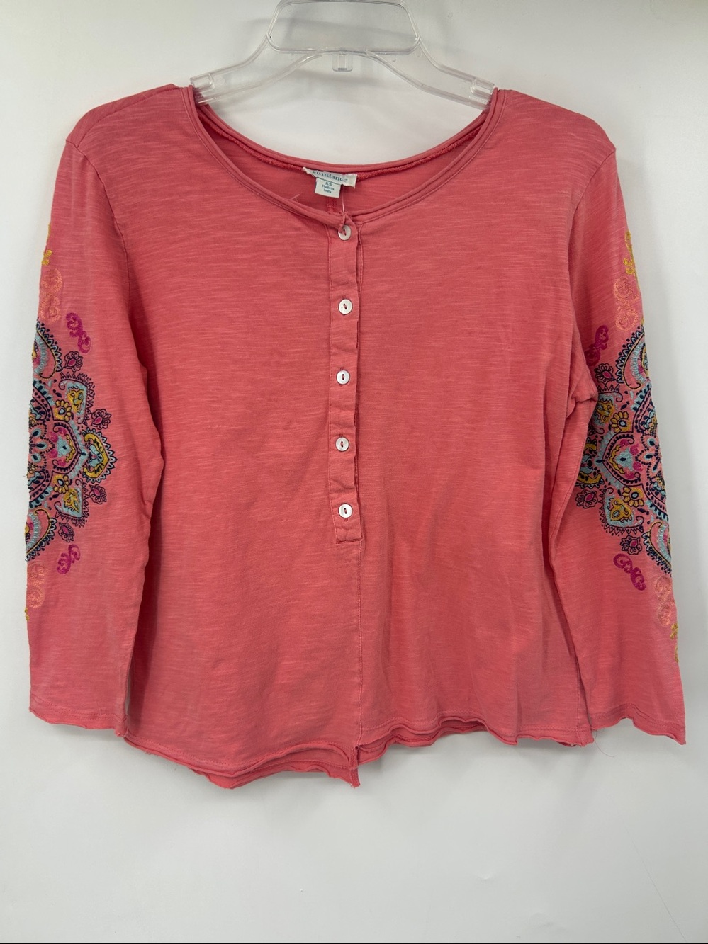Sundance Coral Henley with Embroidered Boho Sleeves Size XS
